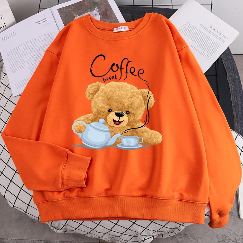 Street Casual Womens Sweatshirt Coffee Break Teddy Bear Making Coffee Print Hoodies Loose Soft Pullovers Crewneck Clothes