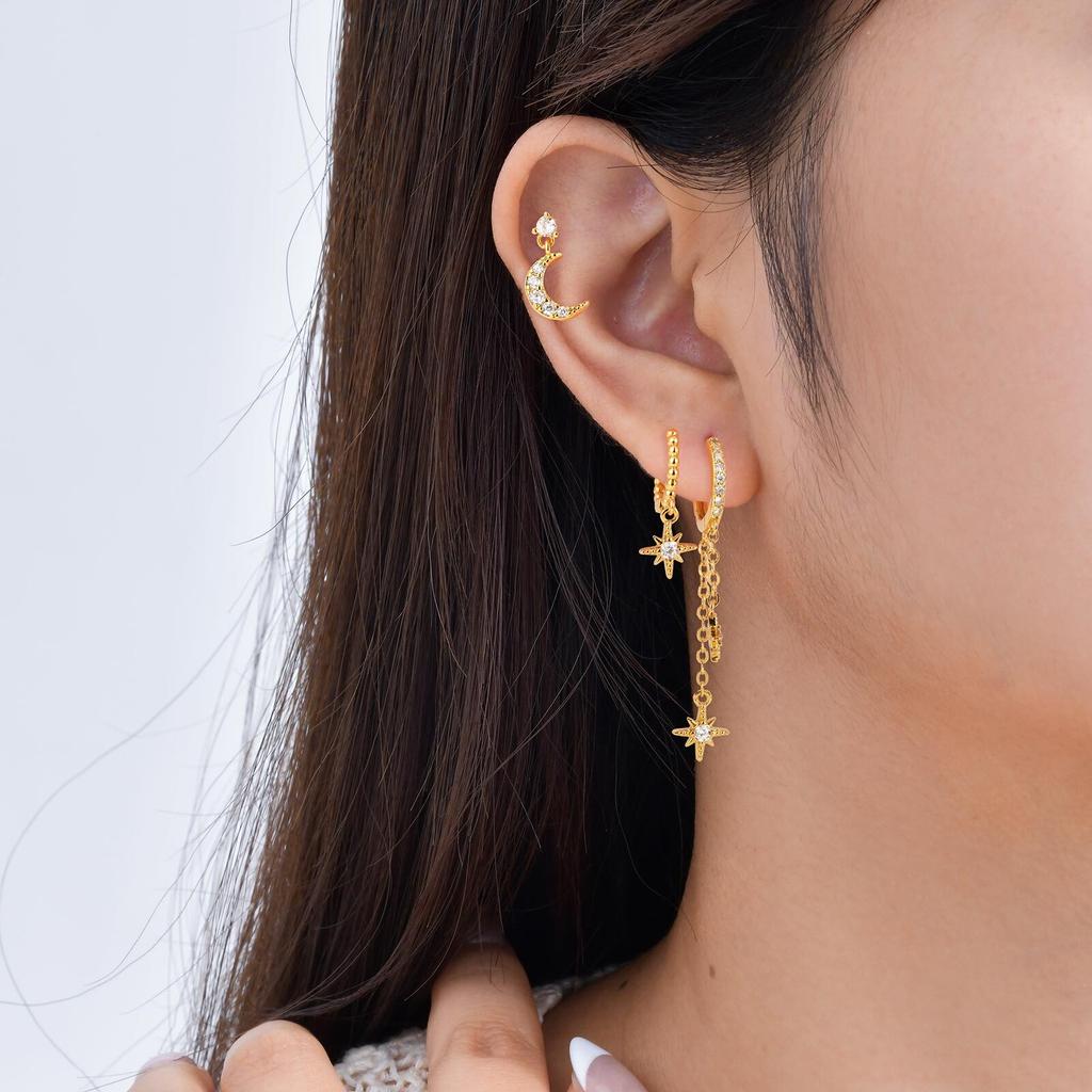 Vnox 3pcs/set Dainty Cubic Zirconia Earrings,18K Gold Plated Star Moon Pendant Hoop Stud Earring,Luxury Jewelry Set Party Gifts
