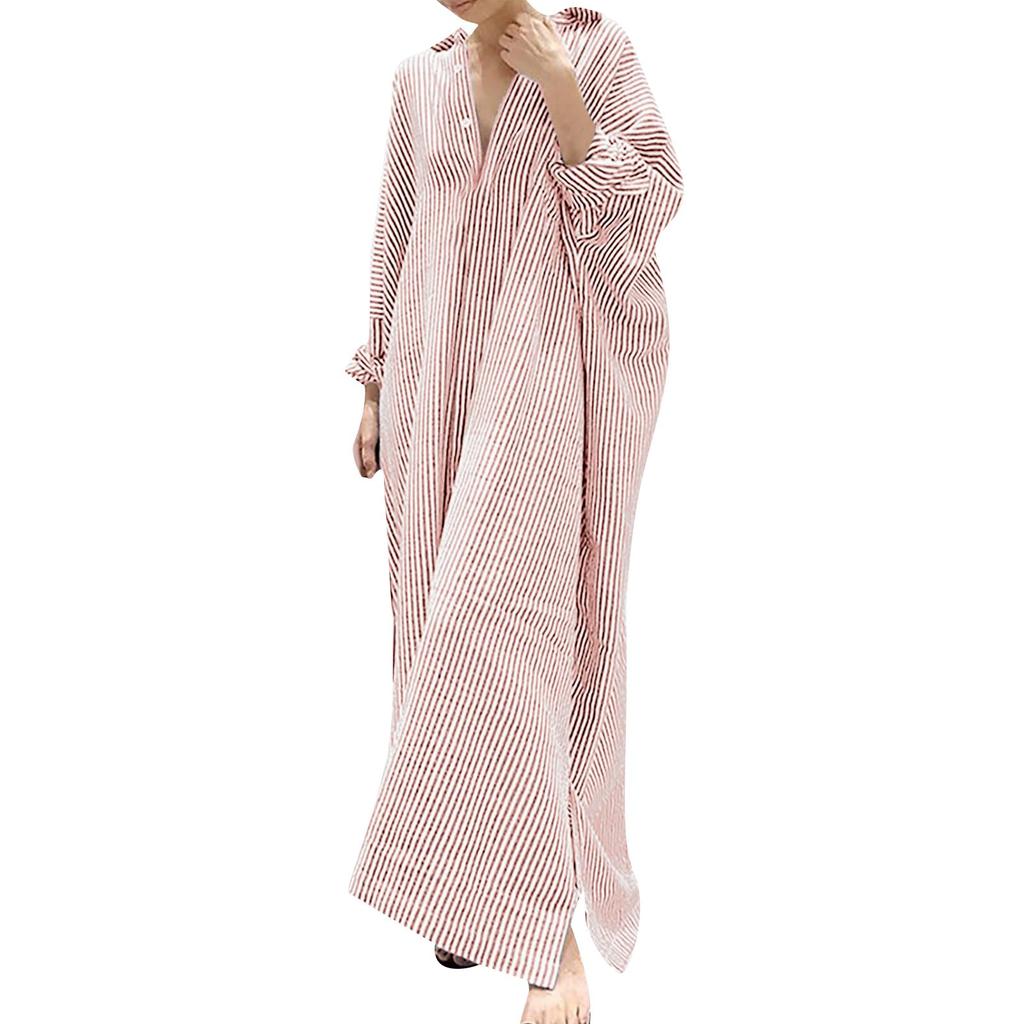 Women's Casual Cotton And Linen Striped Cardigan Loose Temperament Irregular Shirt Dress