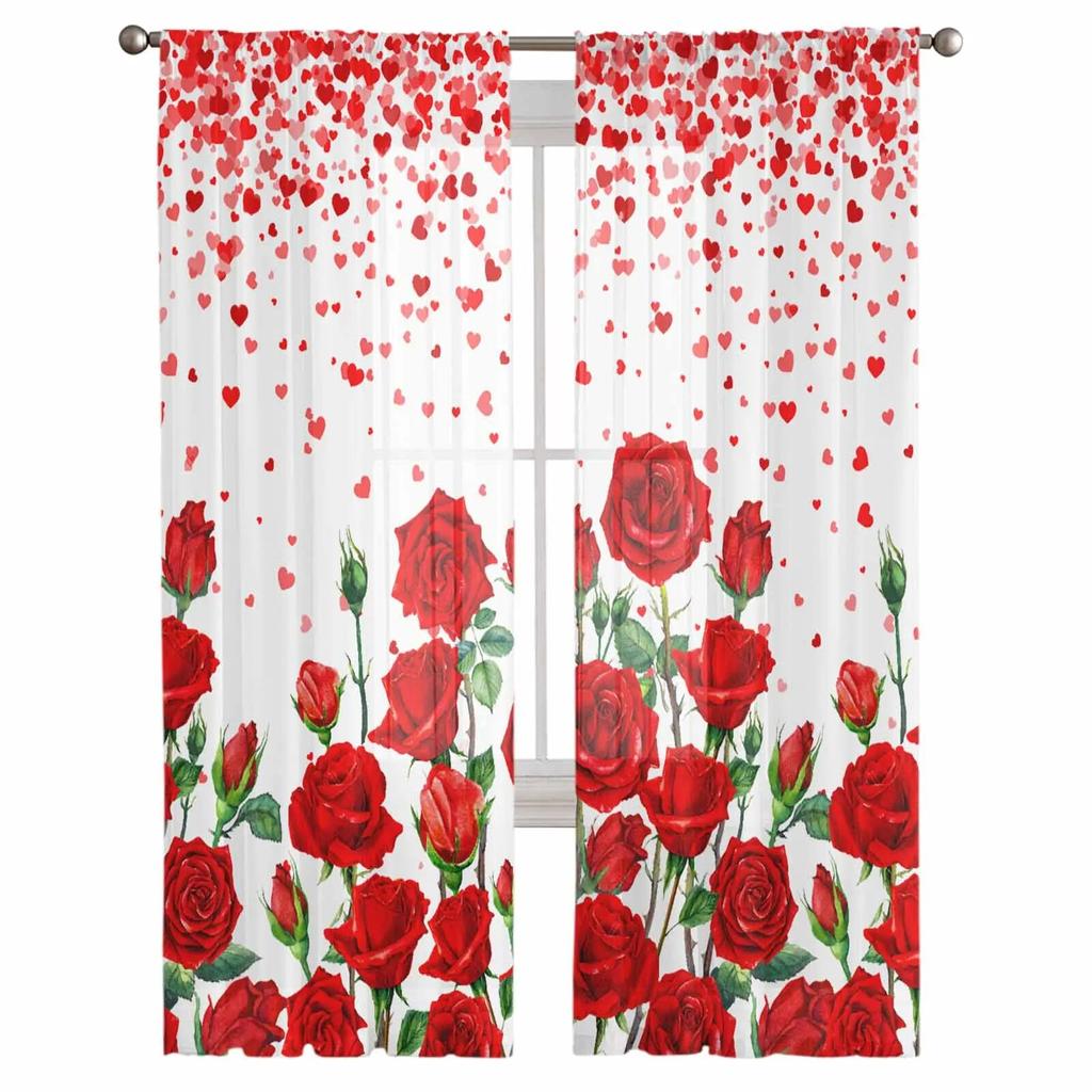 Valentine'S Day Hearts Red Roses Sheer Curtains For Living Room Kitchen Window Curtains Bedroom Tulle Voile Curtains