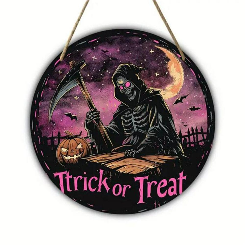 Wooden Craft Door Plaque Decoration Circular Logo Witch Wooden Plaque Halloween Decoration Sign With Pumpkin Scarecrow