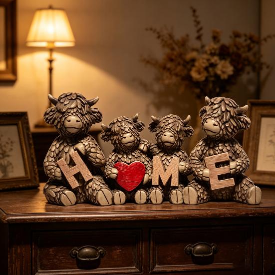 Decorative Accents for Bookshelf Highland Cow Family Figurine, Resin Cattle Statue Holding HOME Letter Sign, Stable Table Decoration Farmhouse