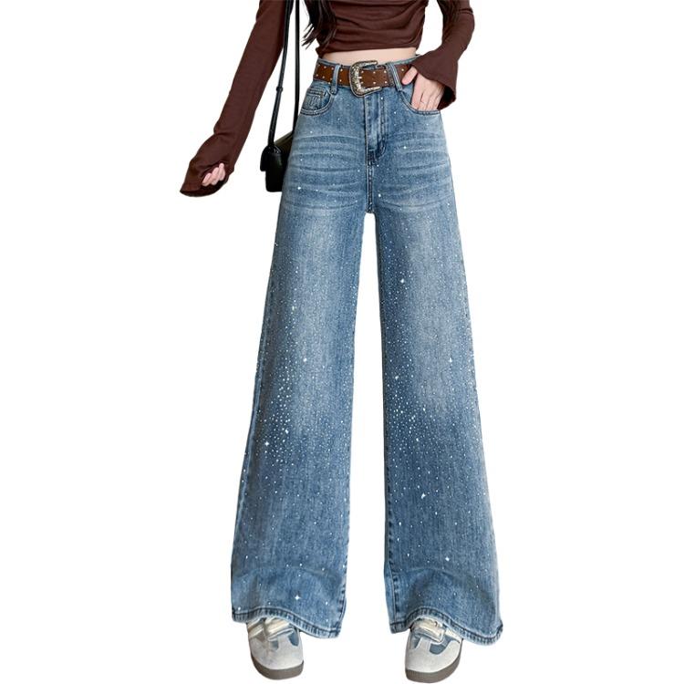 Women Rhinestone Pants  Fashion Stretchy Wide Leg Palazzo Trousers Korean Style