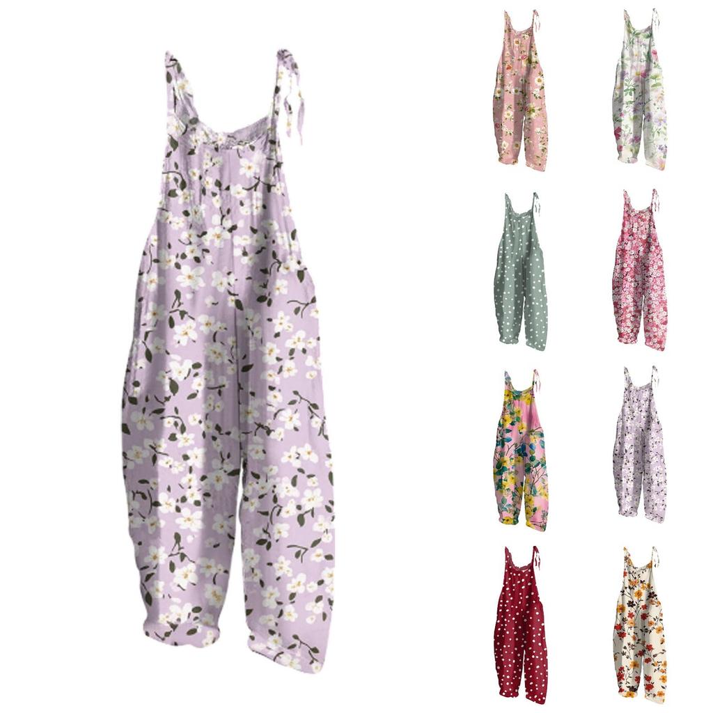 Women's Jumpsuit  Print Casual Loose Vintage Shoulder Strap Cotton Linen