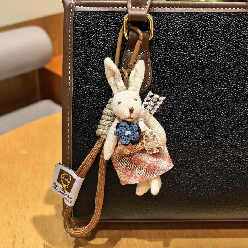 Cute Fabric Bunny Bag Charm, Handmade Plush Rabbit Keychain with Flower Dress & Braided Rope