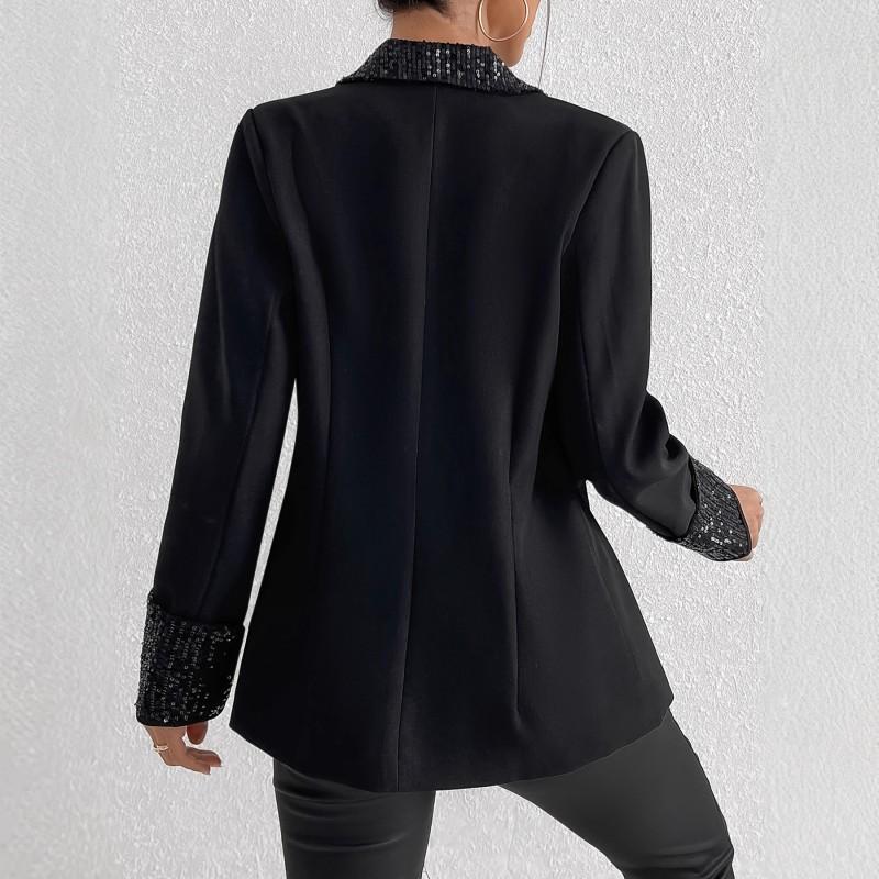 Womens Black Elegant Blazer Top With Sequin Patchwork Long Sleeve Office Wear
