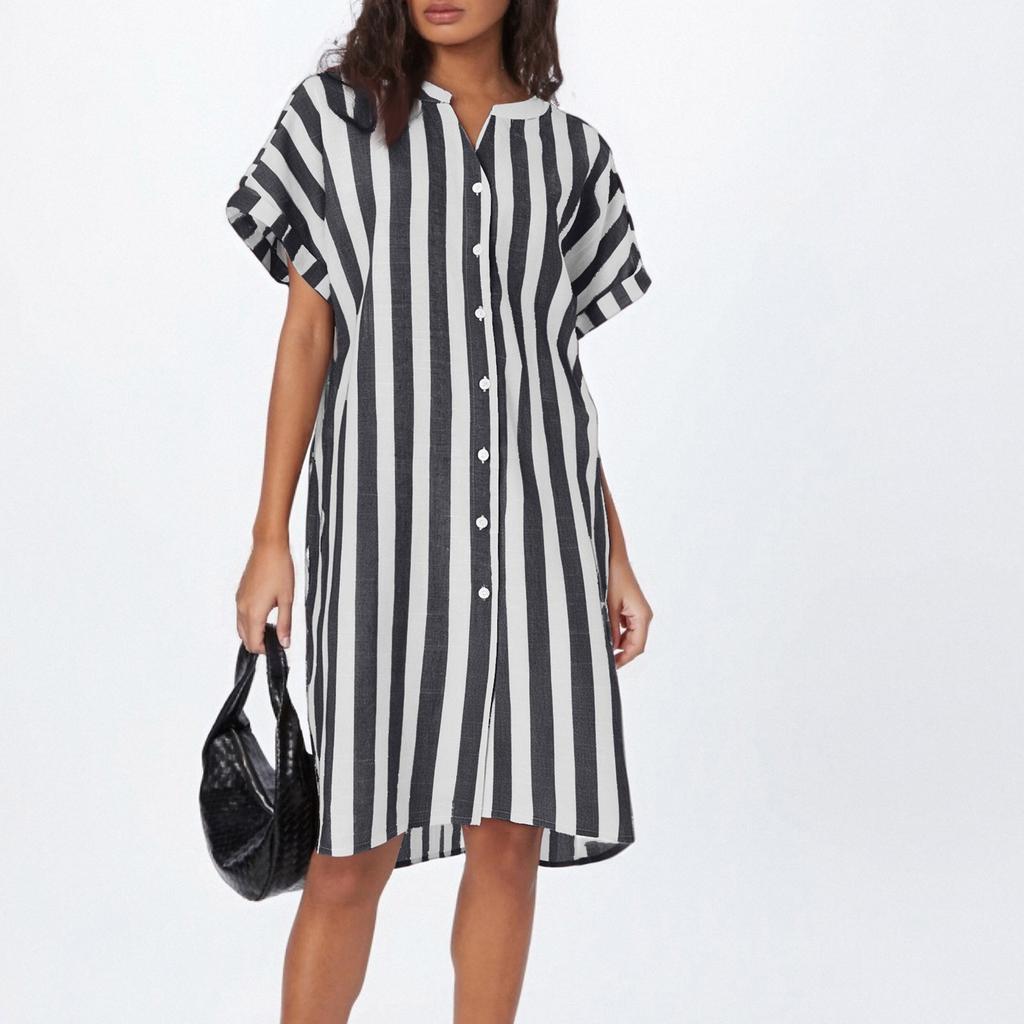 Women's Casual Cotton And Linen Striped Printed Short Sleeved Shirt Dress