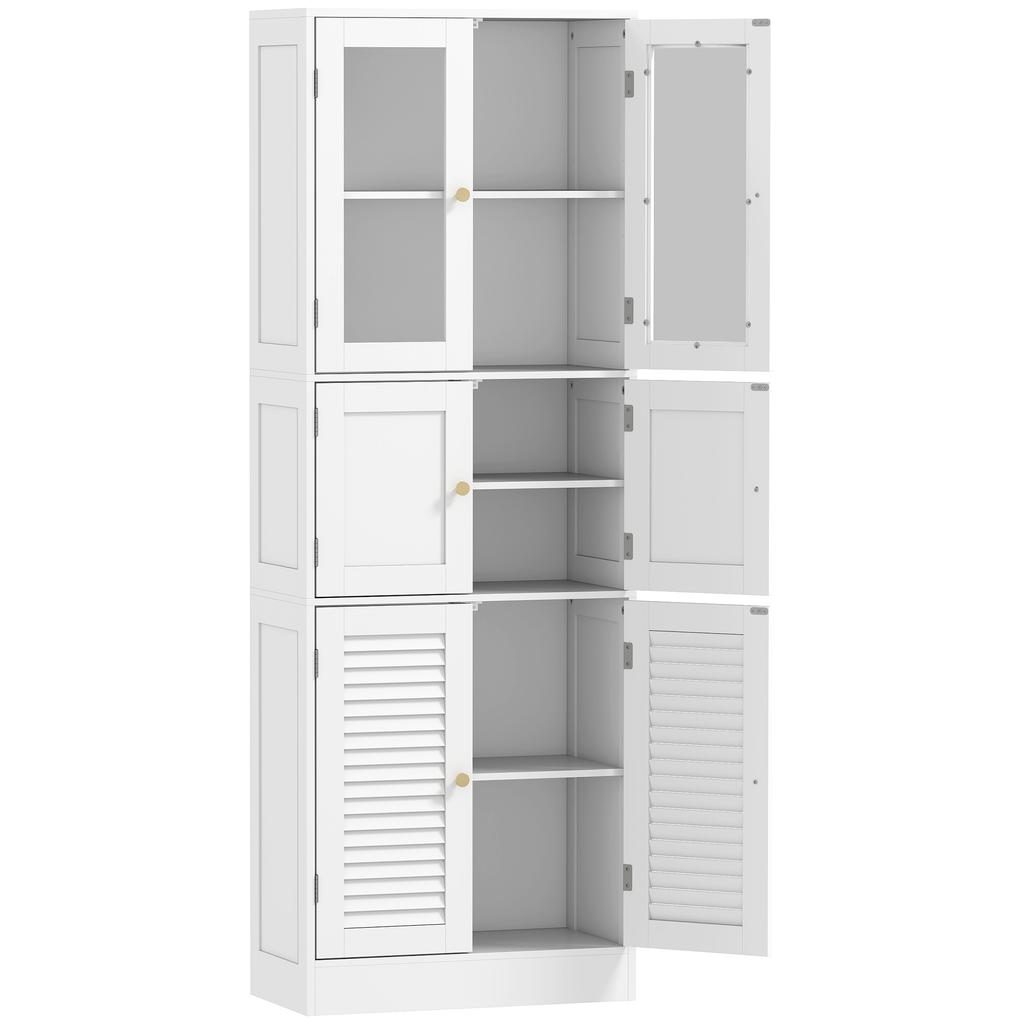 Tall Bathroom Cabinet, 6 Doors, 2 Glass, 2 Louvered, Adjustable Shelf, White