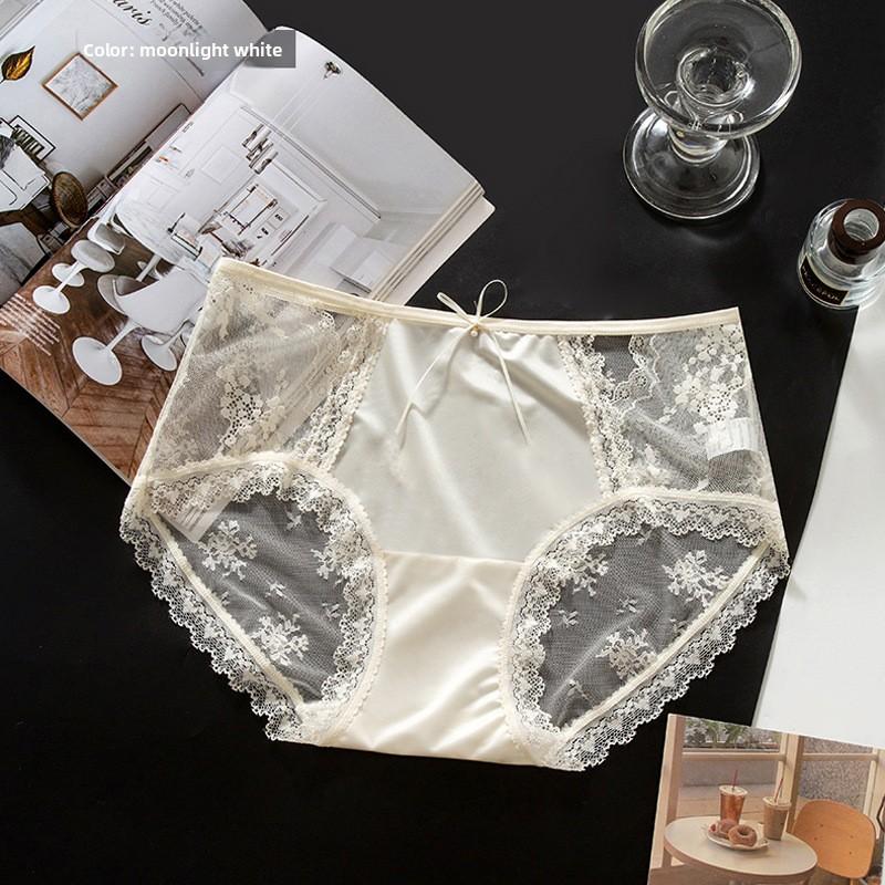 Female Summer Sexy Lace Hollow Satin Antibacterial Comfortable Breathable Hip Mid Waist Triangle Briefs