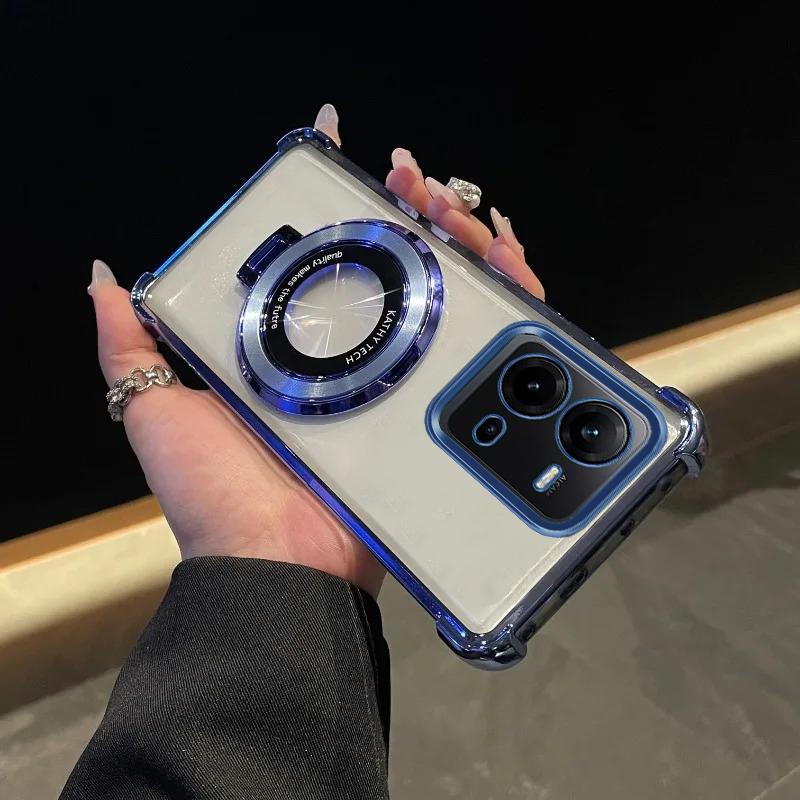For Vivo V25E Case Luxury Plating Stand Shockproof Clear Case For Vivo V50 V27E V29E Y20 Y21 Y51 Y53S Y33 Y35 Y36 Y28 Y29 Cover