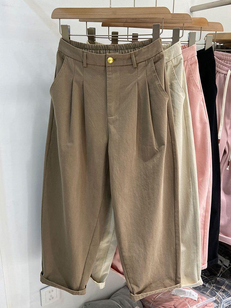 Women's Pink High-Waist Wide-Leg Carrot Pants - Loose Fit, Petite Nine-Point, Spring/Autumn 2026.
