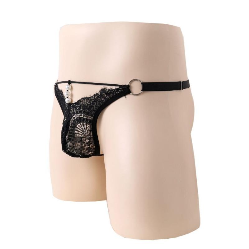 Sissy Pouch Panties Sexy Men Lingerie Waist Adjust Lace Perspective T-Back Thong Low Rise Crossdresser G-String Pearl Underwear
