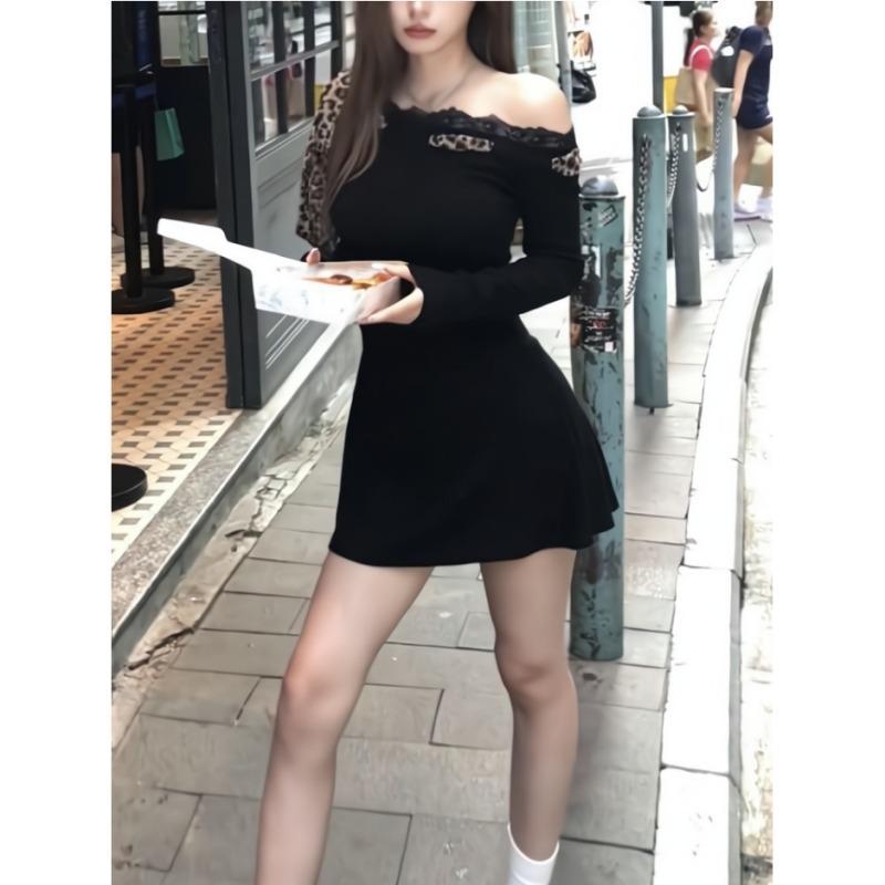 MR American Spice Girl Short Dress Autumn Waist Skinny Design Sense Leopard Print Splicing Sexy Shoulder Dress Women