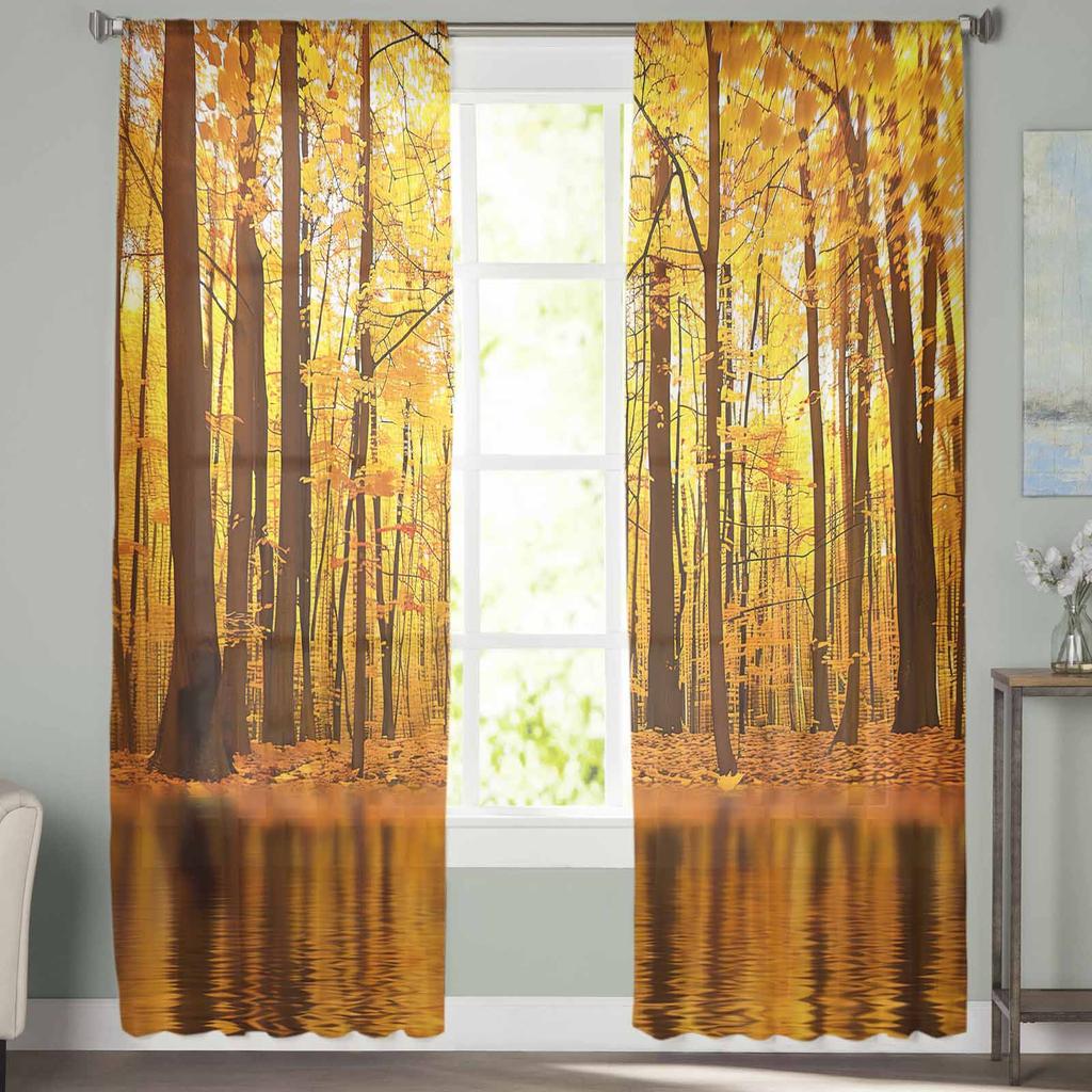 Autumn Sunset Forest Sheer Curtains for Kids Bedroom Living Room Voile Window Curtains Tulle Drapes
