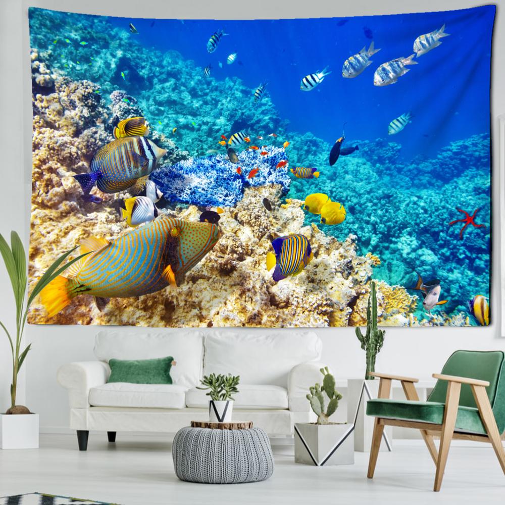 

Гобелен с подводной лодкой и тропическими рыбами, настенный подвесной природный пейзаж, искусство, простая эстетика, домашний декор для комнаты, фоновая ткань 95x70cm