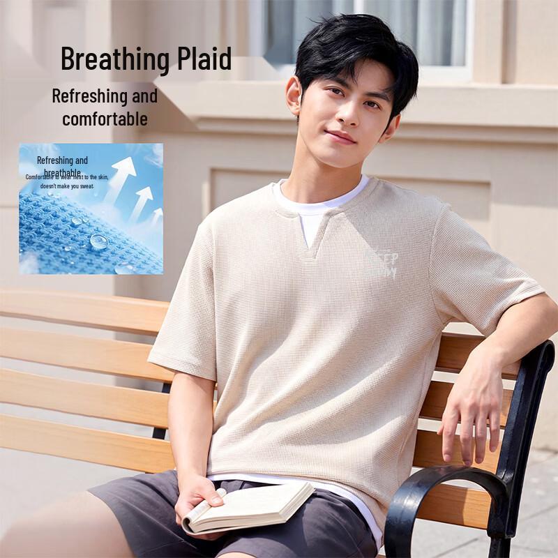Baleno Men's Summer V-Neck Waffle Knit Fake Two-Piece T-Shirt