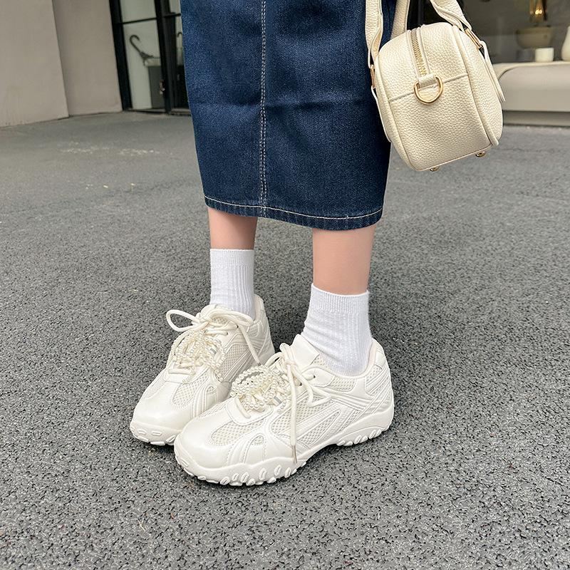 Summer New Color Breathable Soft Sole Comfortable Women Shoes Crescent Insole Height Lace Pearl Casual Sneakers
