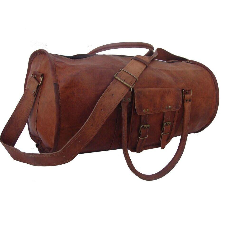 Men's Brown Vintage Genuine Goat Leather Travel Luggage Duffle Gym Bags Tote