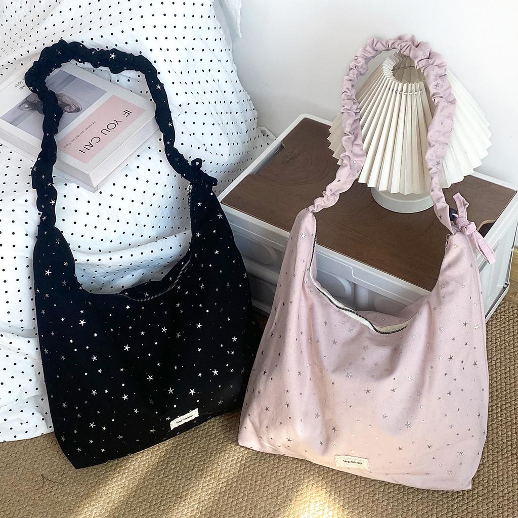 Spring New Dopamine Star Canvas Crossbody Bag for Women Korean Style Pleated Shoulder Handbag
