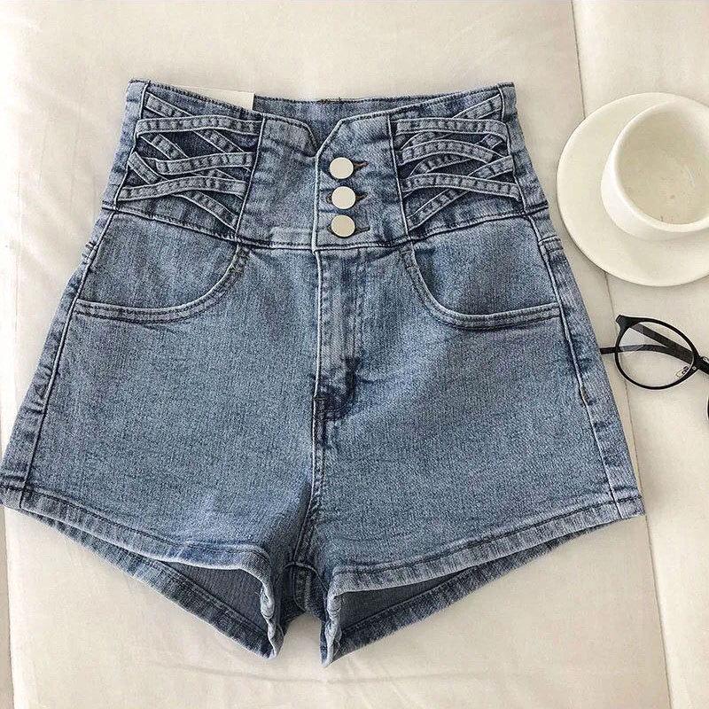 

Women s Elastic High Waist Denim Shorts - Button-Down Slim Fit Straight Leg Summer Hot Pants L светло-синий