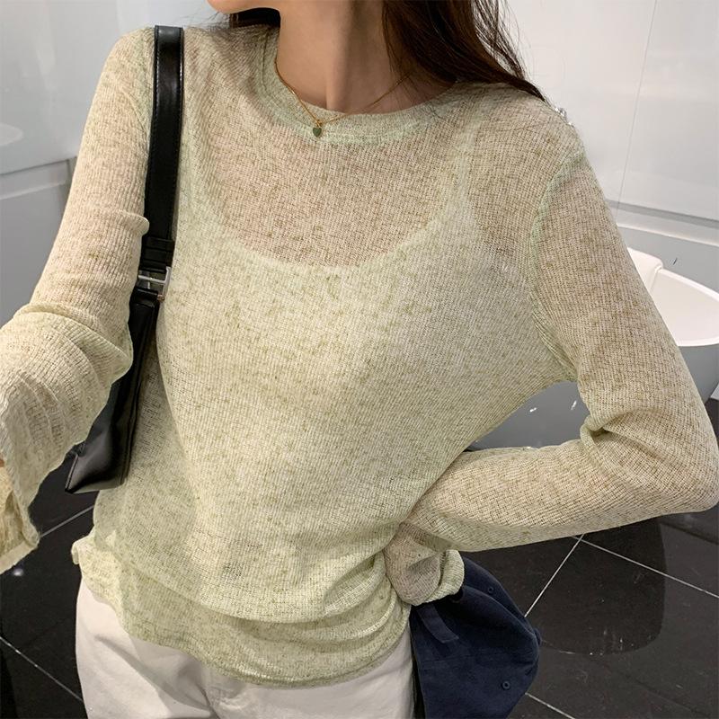 

Микропрозрачная солнцезащитная футболка для женщин, летний свободный тонкий топ с круглым вырезом и длинными рукавами для женщин XL