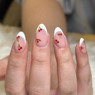 Valentine's Day Press On Nail Short Almond Stick On Nail with Fruit Designs French Tip Nail Accesories for Women