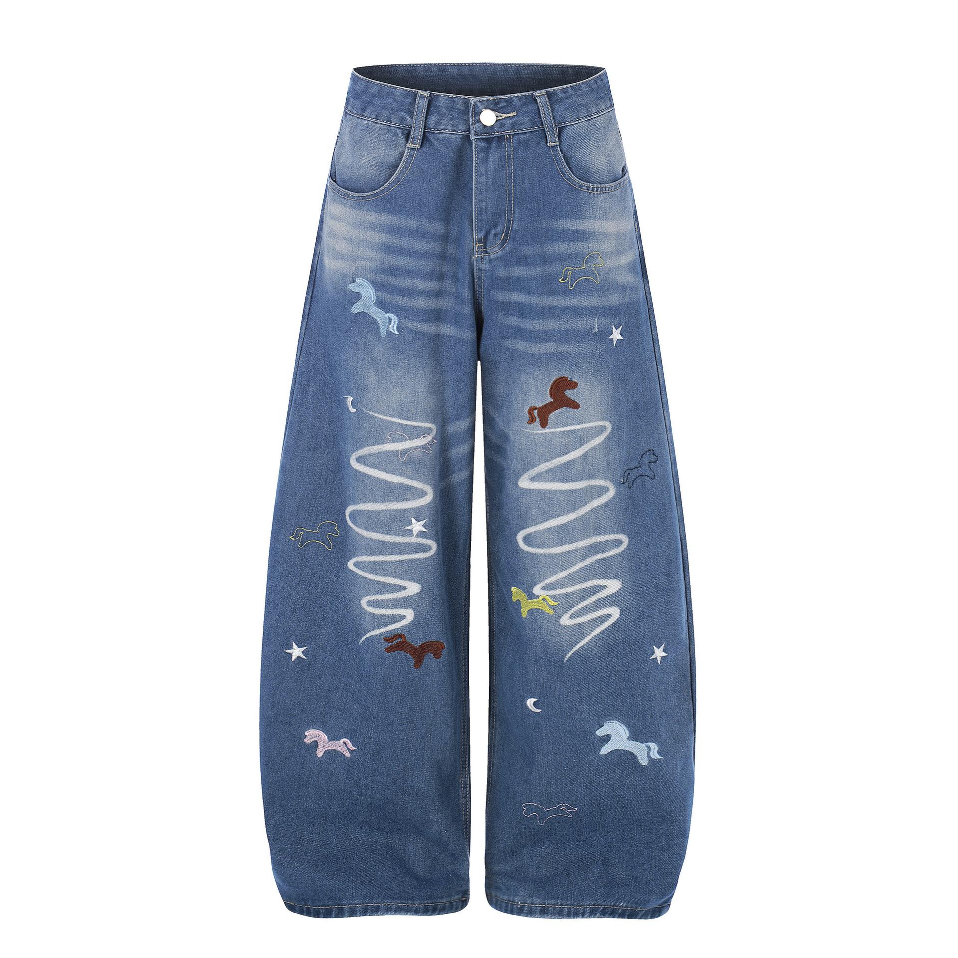 European and American trendy brand American retro embroidery loose denim personalized cleanfit scimitar pants men S