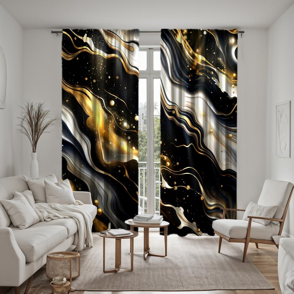 2PCS HD digital curtain print black tie black gold quicksand stripes Home decoration style Decorate living room bedroom wear
