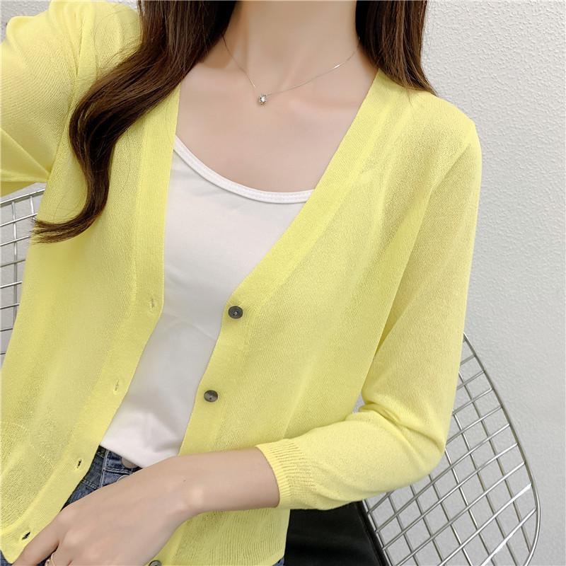 Sommer Eis Seide Dreiviertel Ärmel Kurz Gestrickte Strickjacke für Damen, Ultra-dünner Außenmantel Schal, Klimaanlagen Hemd, Sonnenschutz Jacke,