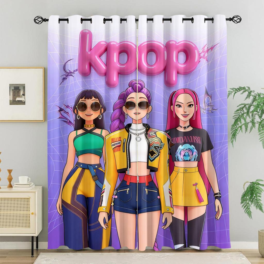 2 ks Kpop Dívky Závěsy Roztomilá Anime Idol Skupina Blackout Závěsy Fialový Síťovaný Gradientový Potisk Závěsy na Okno pro Teenagerovskou Dekoraci Ložnice
