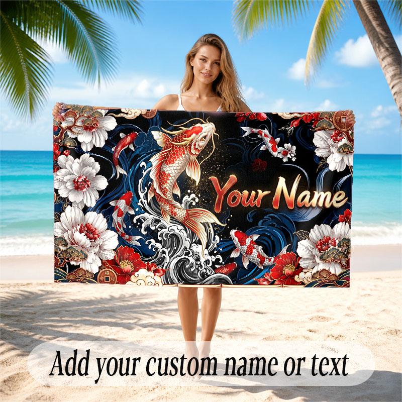 Koi Fish Theme Beach Towel Personalized Custom Name & Text Soft Quick Dry Beach Towel for Swimming Travel