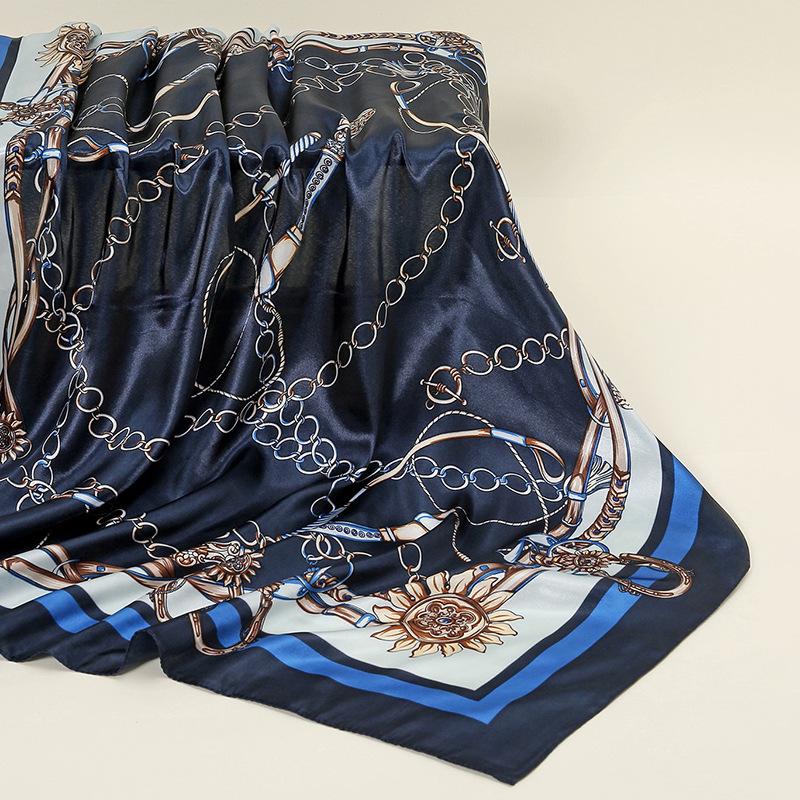 Luxury 90*90CM Vintage Chain Print Shawls Fashion Beach Sunscreen Scarves Kerchief Square Bandannas Satin Headscarves