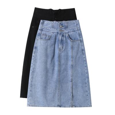 Saia Jeans de Cintura Alta para Mulheres na Primavera e Verão Nova Versátil Slim e Fenda Reta Saia Quadril A-line Saia Midi
