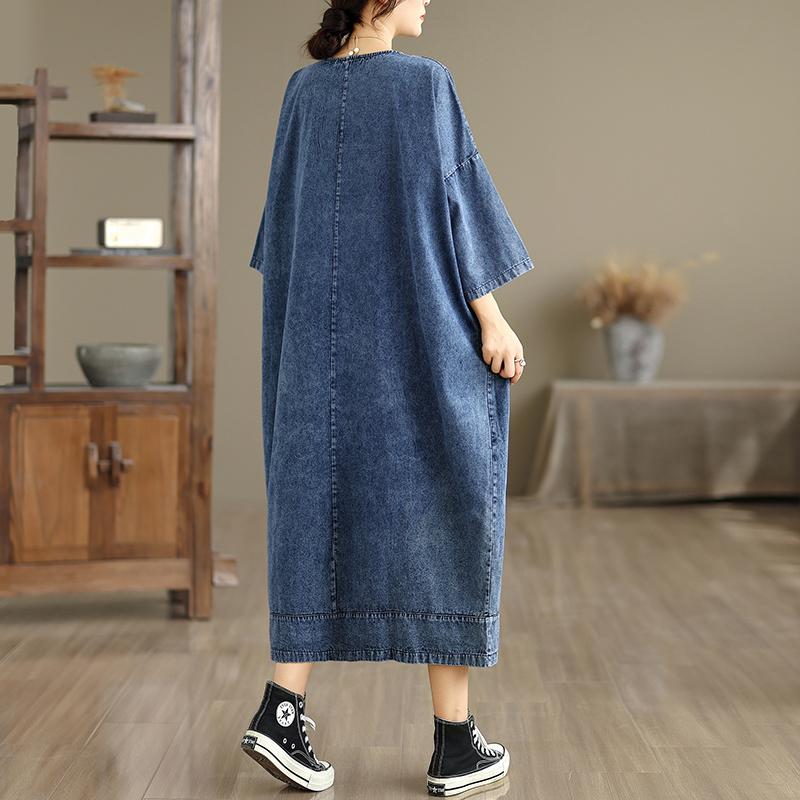 DIMANAF Damen Übergröße Jeanskleid Baumwolle Locker Lässig Basic Kleider Maxi Langes Kleid Vintage Blau