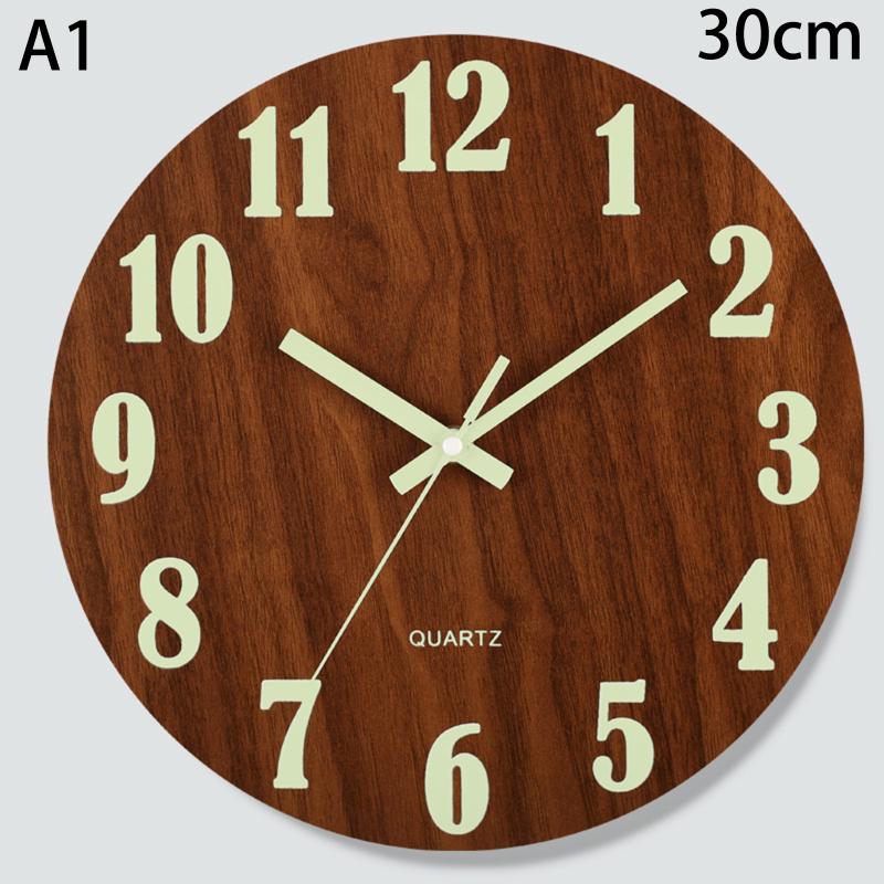 Round Luminous Wall Clock Glow In Dark Wooden Silent NonTicking Modern Style for Bedroom Decor