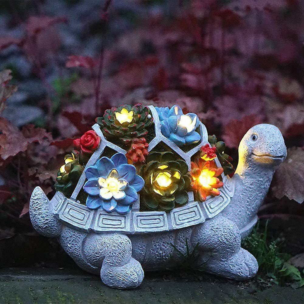 1pc Outdoor Solar Powered Succulent Turtle Statue Animal Gardens Garden Lights Ornaments Resin Crafts