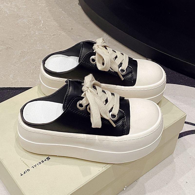 Muffin Thick-soled Heightening Little White Shoes Bag Head Half Slippers Women's 2025 New Spring and Autumn One-pedal Office Casual Board Shoes