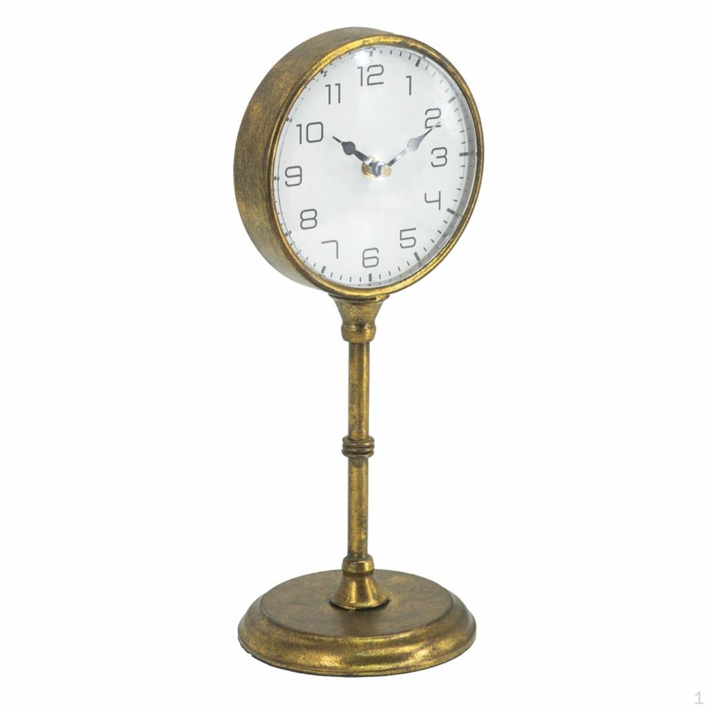 Vintage Inspired Gold Iron Table Clock, 6.5x5.9x15.2”, Elegant Pedestal