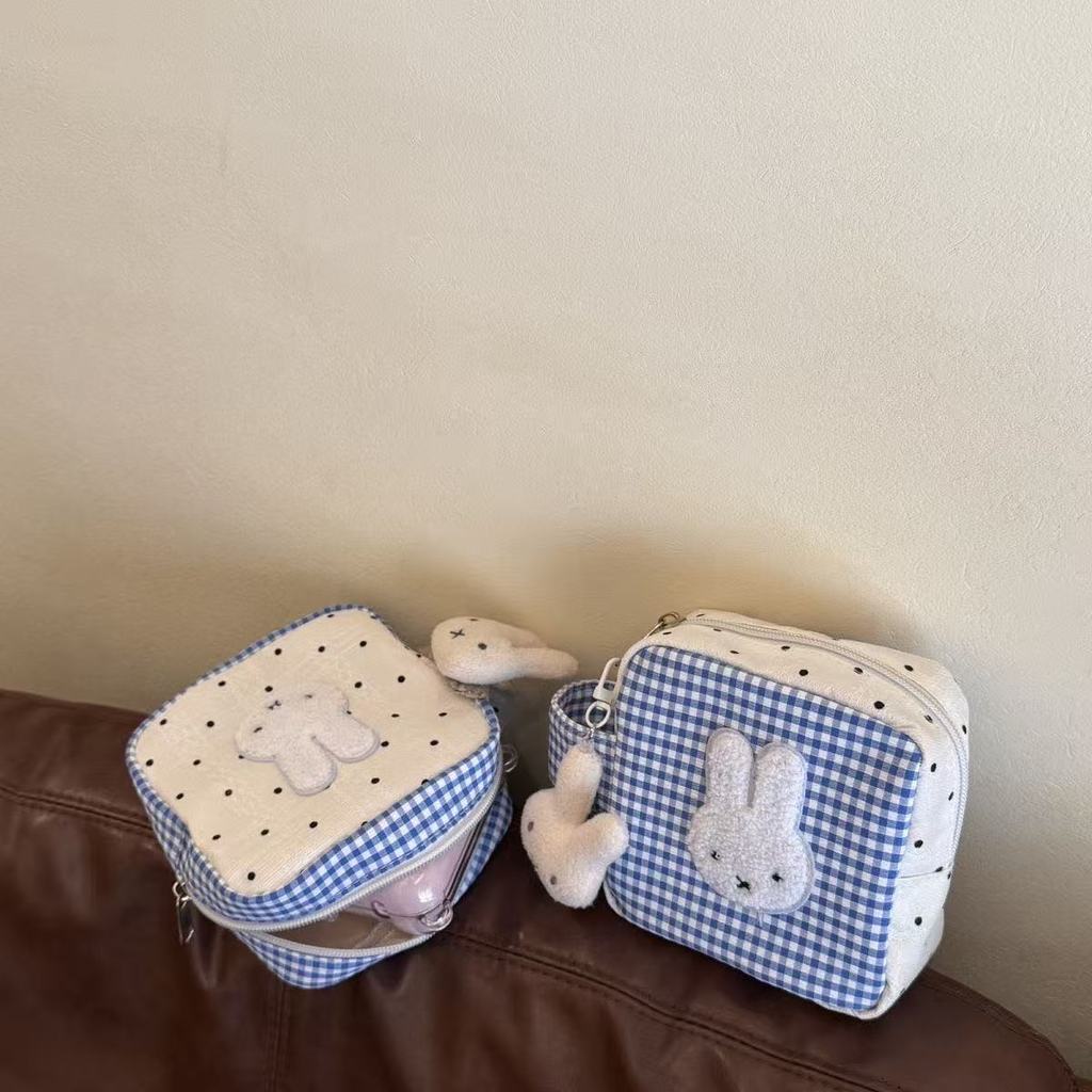 Blue Check Miffy Rabbit Storage Bag With Polyester Material For Casual Daily Use
