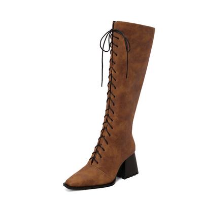 Winter Women Knee High Boots Square Toe High Heels Long Boots Lace-up Fashion Leopard Plaid Custom Women's High Boots WSH4717