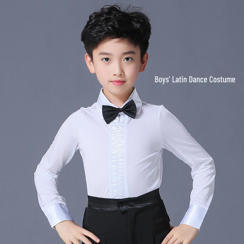 Boys' Latin Dance Performance Tops: Long & Short Sleeve Training Wear for Summer & Autumn Competitions & Exams