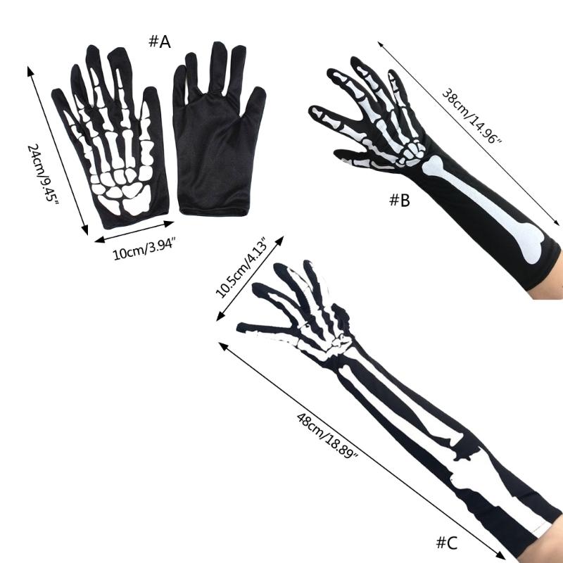 Halloween Skeleton Gloves Short Long Full Finger Bone Print Mittens Dress Party Costume Accessories for Women Men
