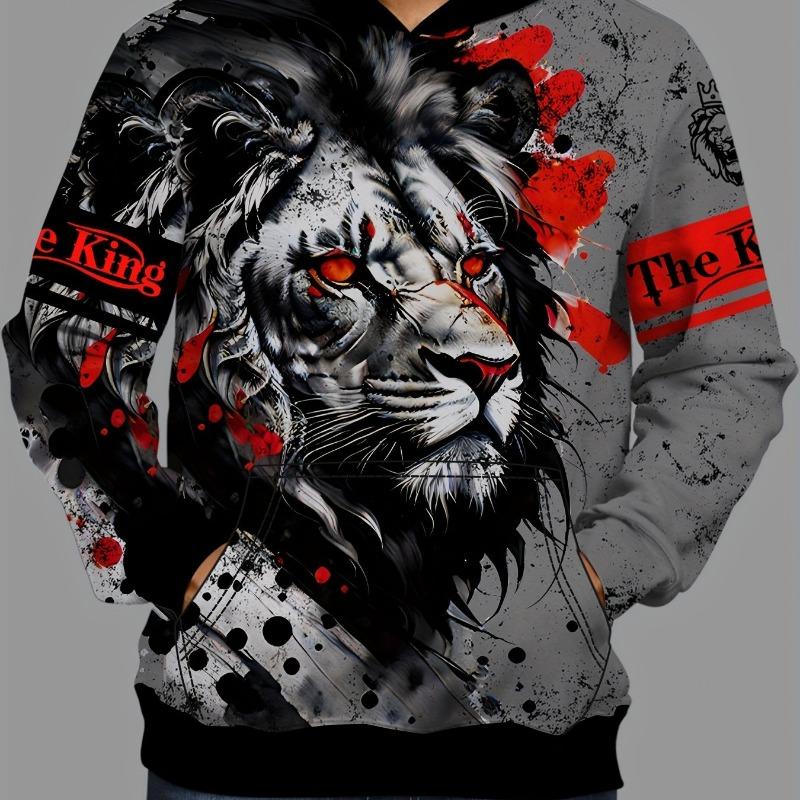 Men s 3D Lion Graphic Hoodie, Active Slightly Stretch Breathable 3D Printed Hooded Sweatshirt Outdoor, Men s Clothing S