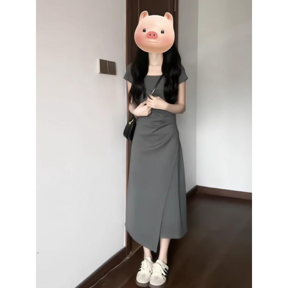 

2025 High-End Women s Gray Dress: French Flair, Summer Slimming, Long Waist-Defining Style Small серый