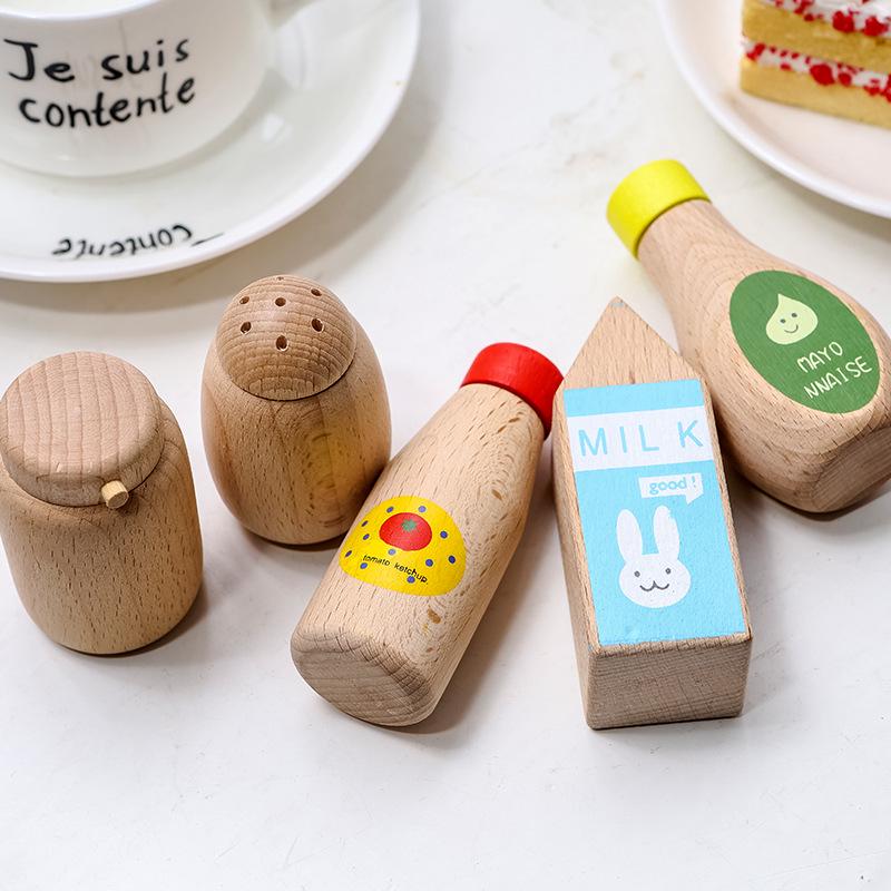 Toddler Pretend Play Kitchen Set: Wooden Pepper, Seasoning, & Soy Sauce Bottles