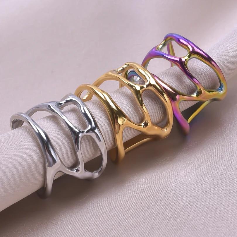 1Pc Stainless Steel Waterproof Women Personality Textured Chunky Open Rings Vintage Hollow Irregular Multi-layer Anillos Jewelry