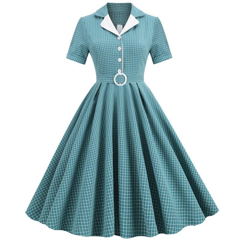 Retro Hong Kong Style Plaid V-Neck Midi Dress S