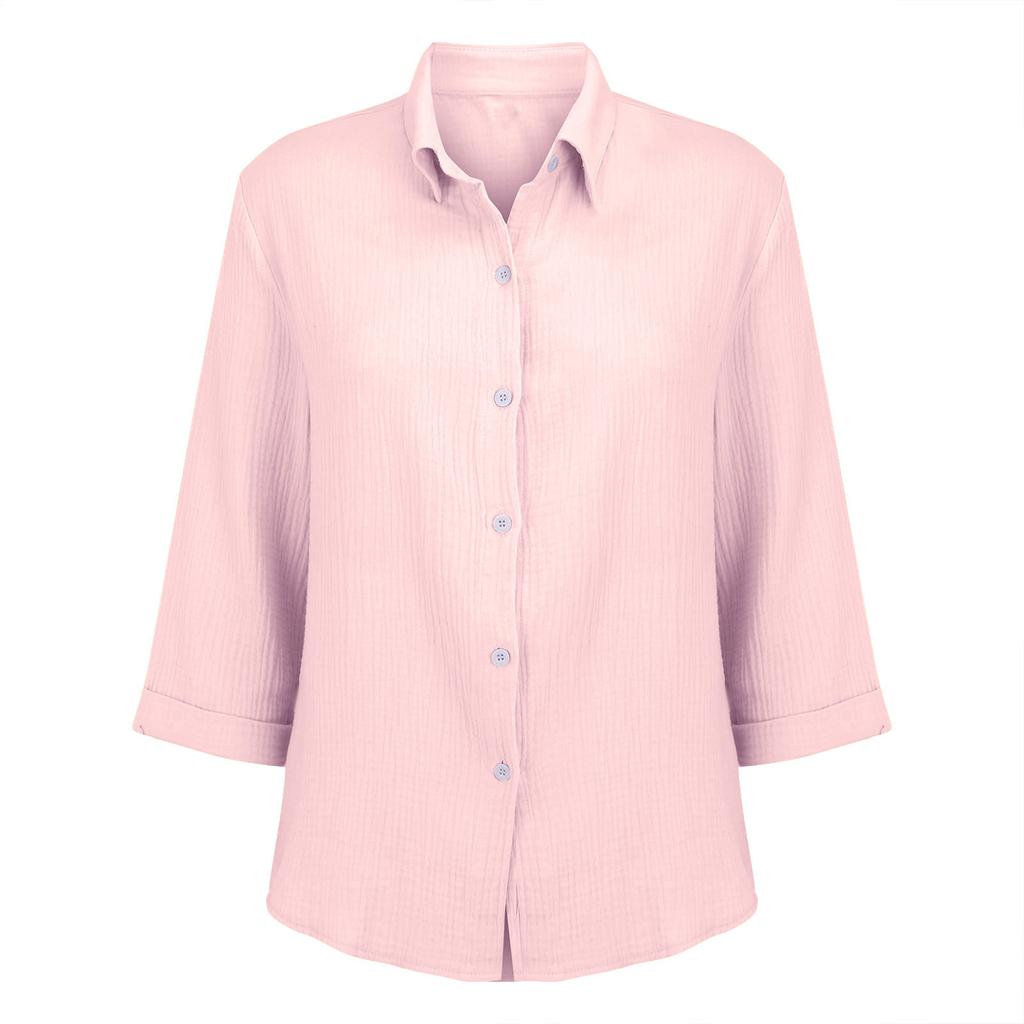 Womens Button Down Shirts 3/4 Sleeve Casual Collared Shirt Loose Blouses Solid Color Tops With Pocket