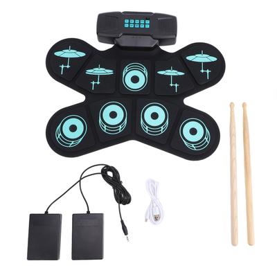 Elektrisches Drum-Pad-Set für Kinder, 9 Pads, aufrollbares Übungsset mit Sticks, Kopfhöreranschluss, Lautsprecher und Pedalen
