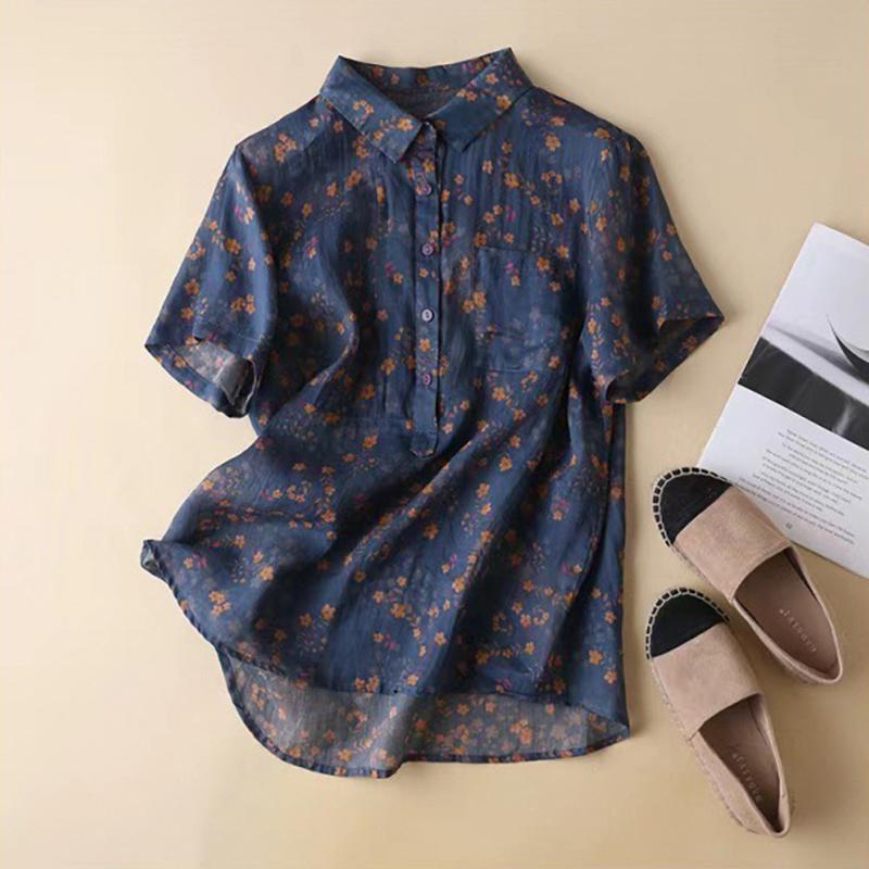 Летняя утягивающая рубашка с короткими рукавами и мелким цветочным принтом для женщин XXL синий
